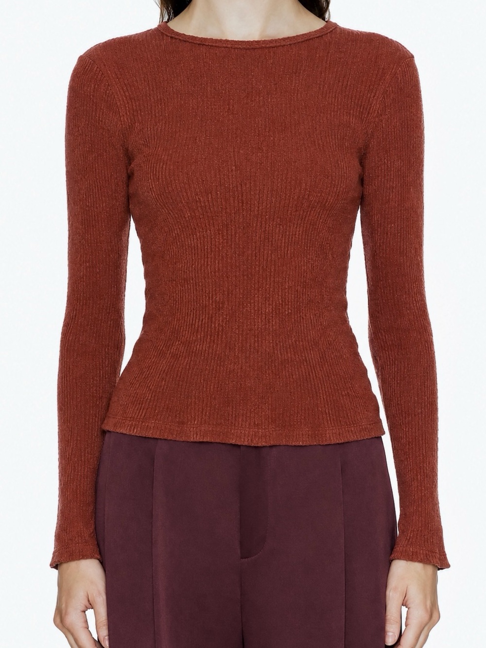Sablyn Quincy Long Sleeve Fitted Ribbed Crew Neck Top in Cinnabar Size Small